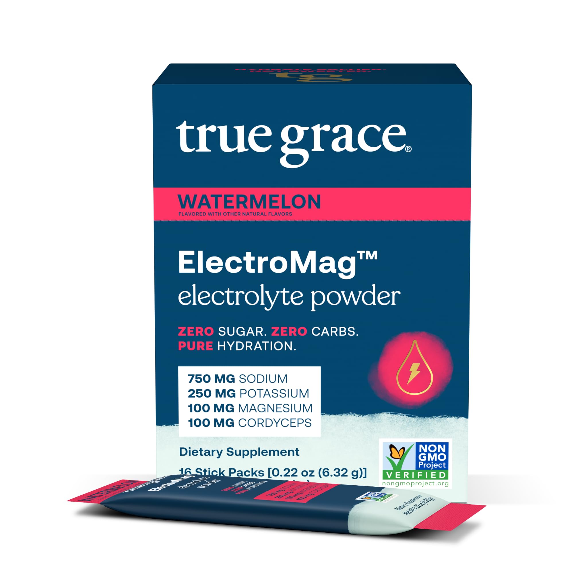 True Grace ElectroMag watermelon stick pack ready to mix for hydration on the go.