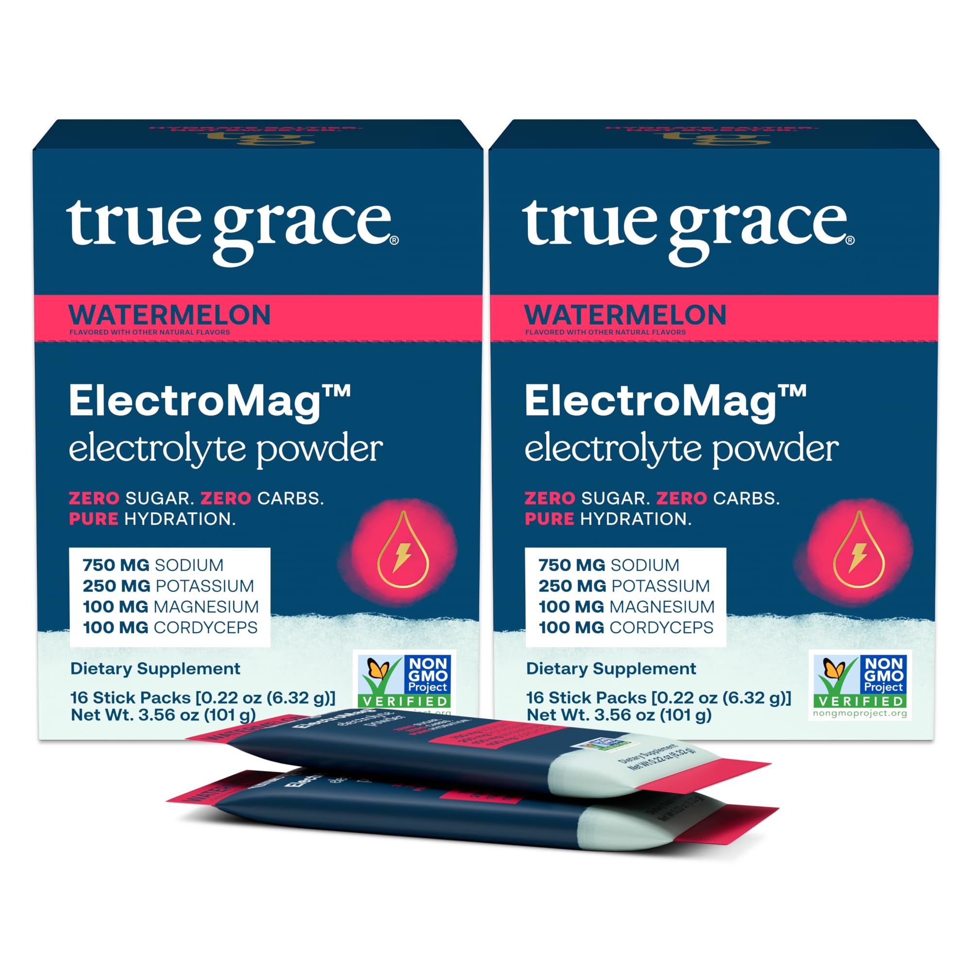 True Grace ElectroMag Watermelon stick packs for refreshing workout hydration.