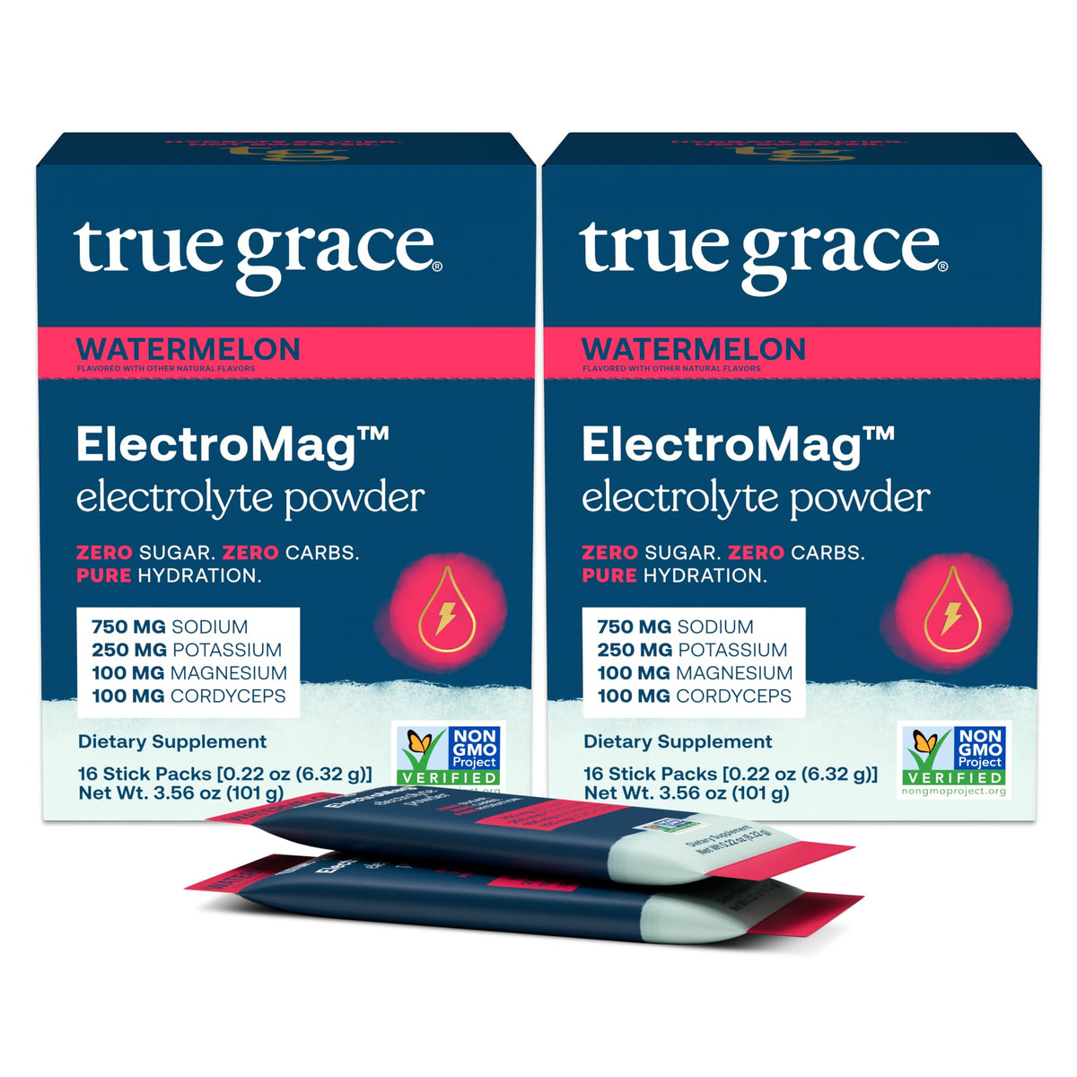 True Grace ElectroMag Watermelon stick packs for refreshing workout hydration.