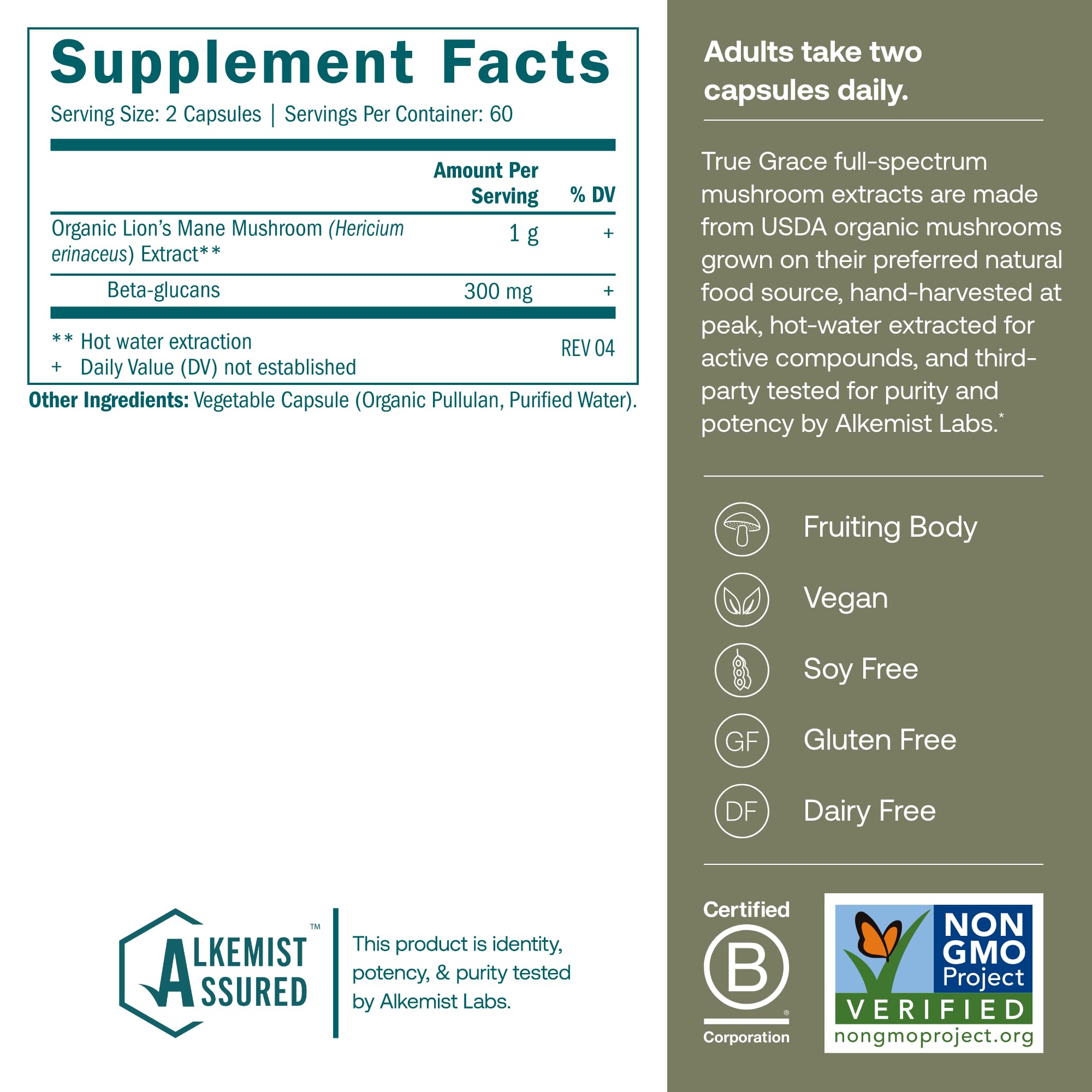 Close-up of True Grace Lion’s Mane capsules for easy daily use and supplementation.