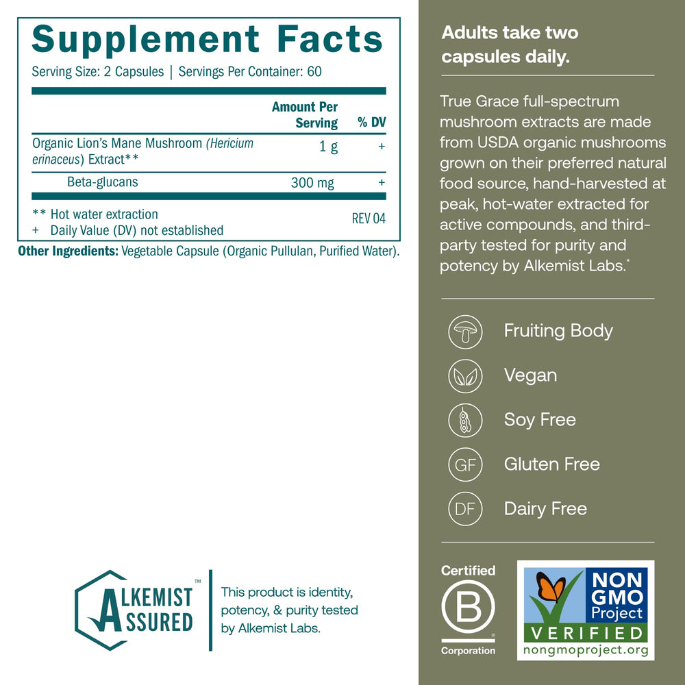 Close-up of True Grace Lion’s Mane capsules for easy daily use and supplementation.