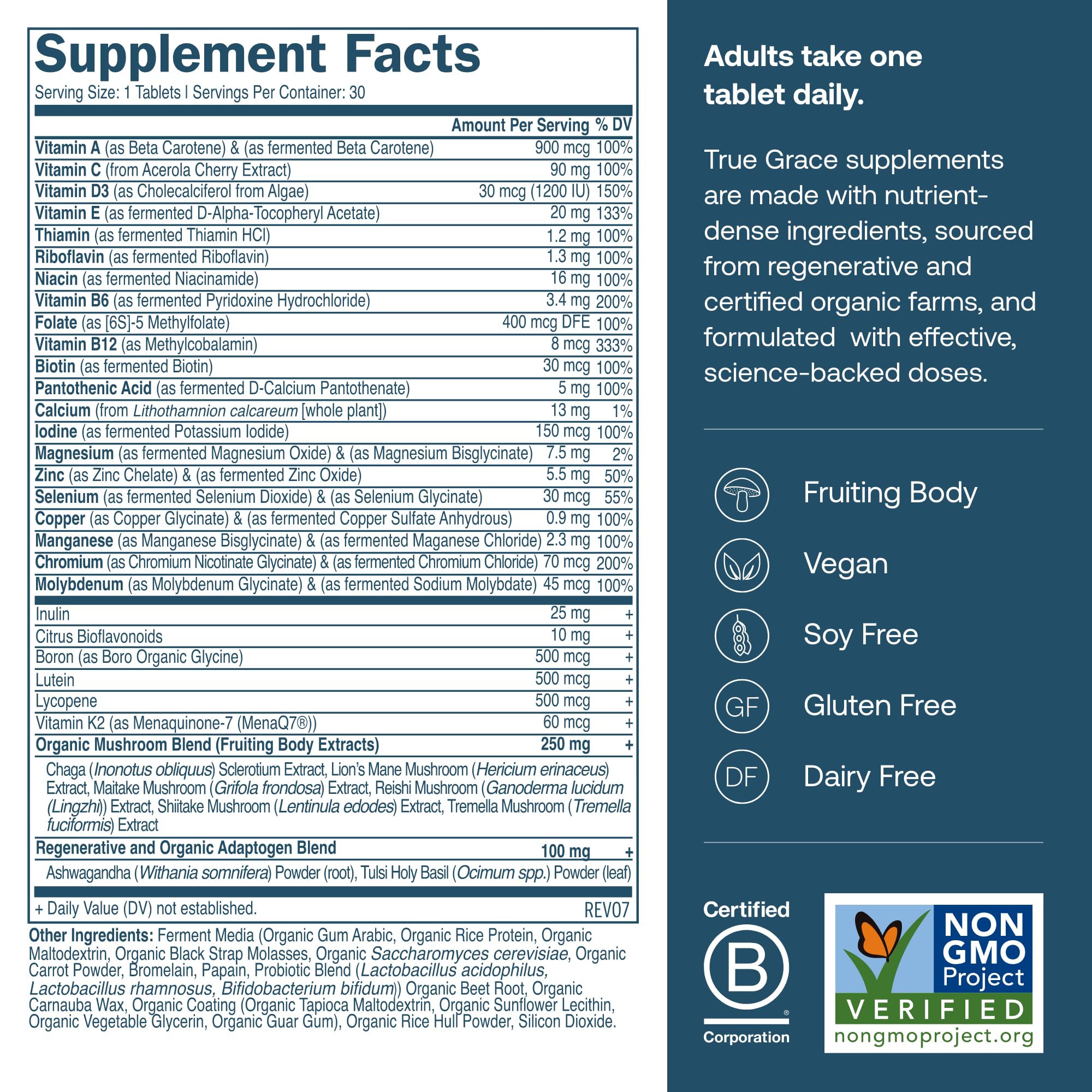 True Grace Men 40+ bottle front displaying vegan multivitamin packaging