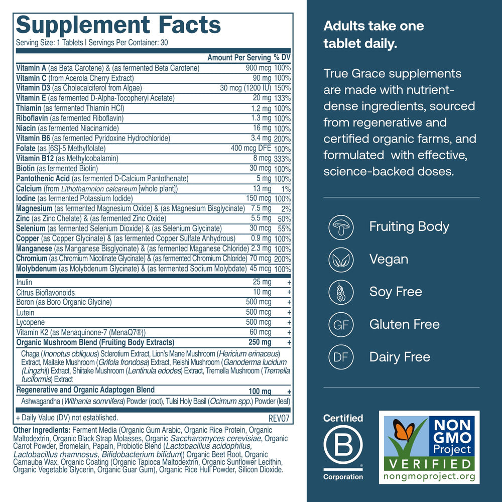 True Grace Men 40+ bottle front displaying vegan multivitamin packaging