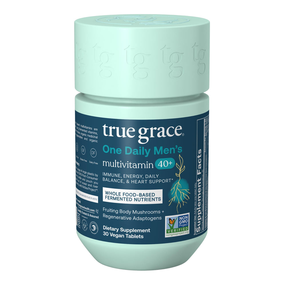 True Grace Men 40+ bottle pour showing daily dosage for ongoing wellness