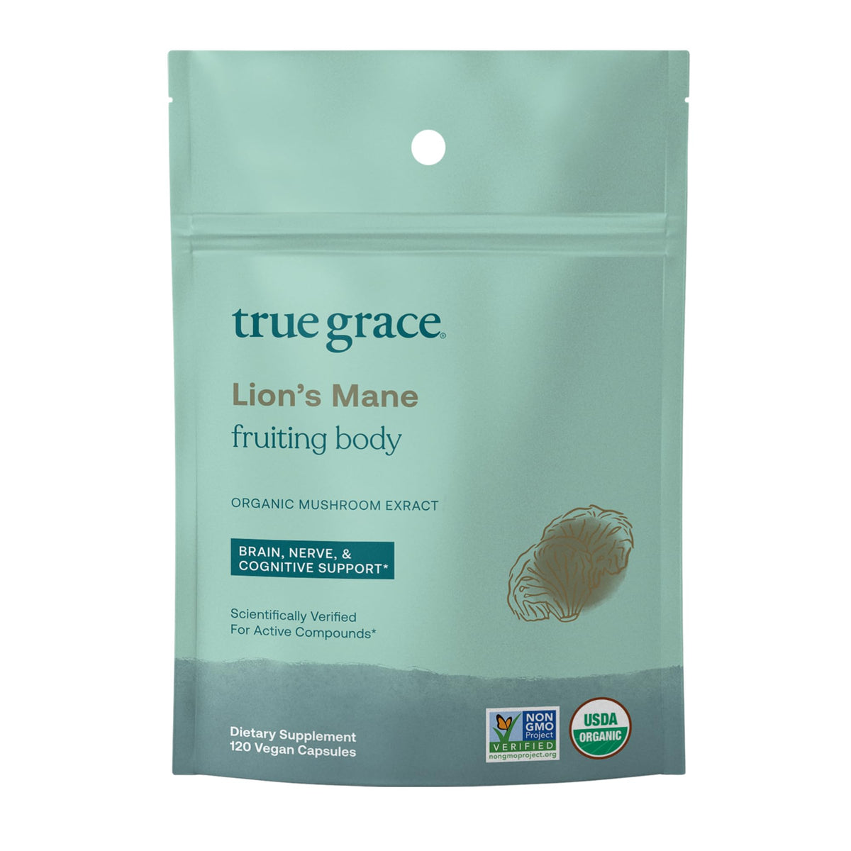 True Grace Lion's Mane bottle with organic mushrooms, signaling cognitive support potential.