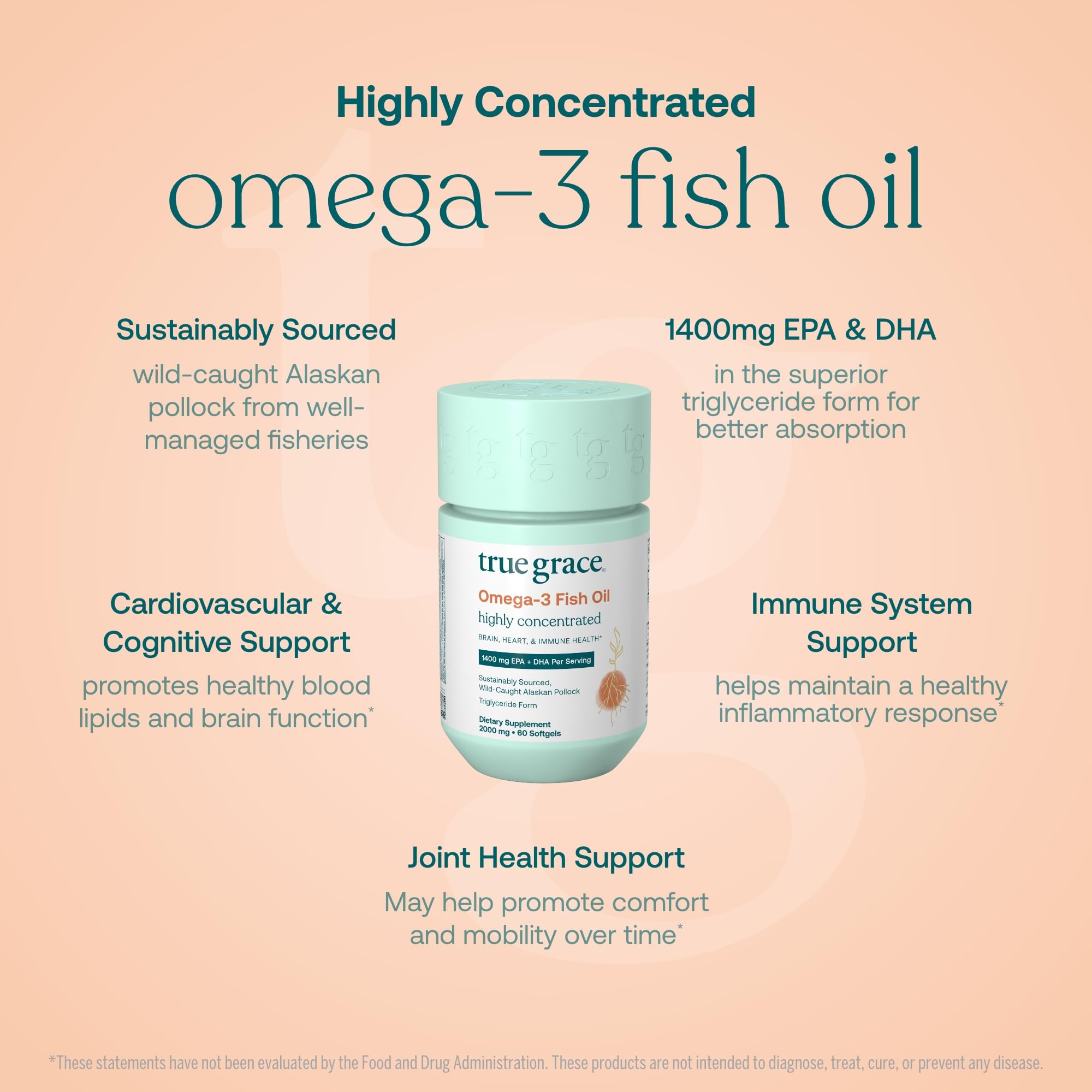 True Grace Omega-3 bottle cap close-up emphasizes easy swallowing.