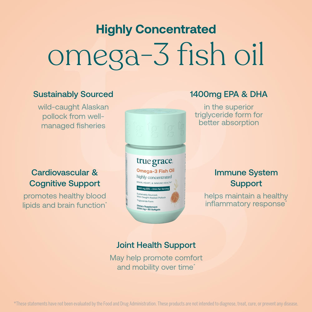True Grace Omega-3 bottle cap close-up emphasizes easy swallowing.