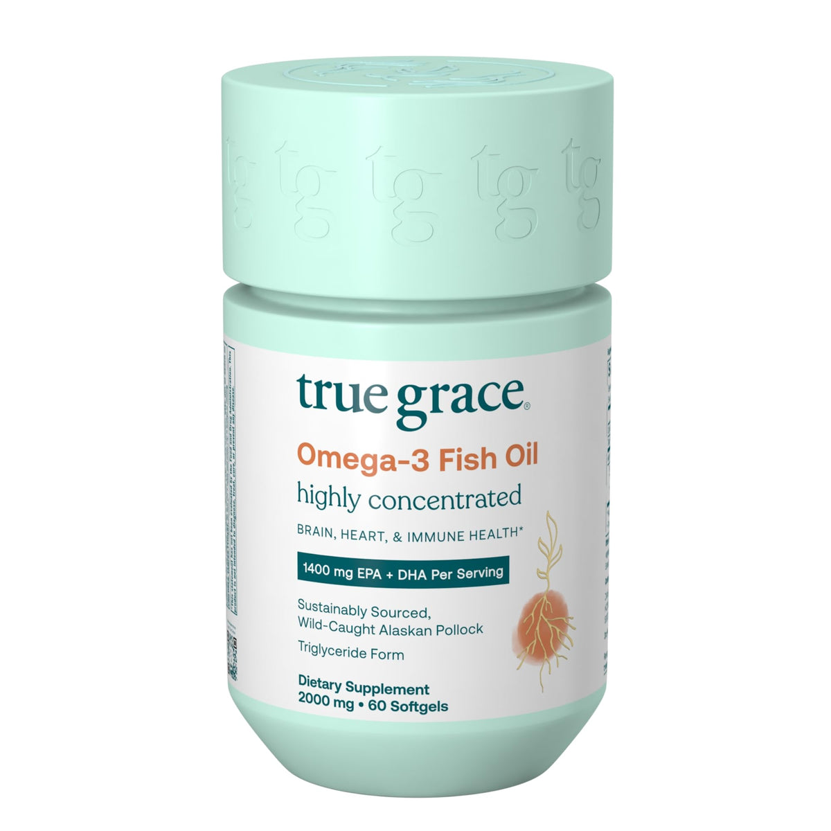 True Grace Omega-3 softgels in bottle showing high-potency EPA and DHA.