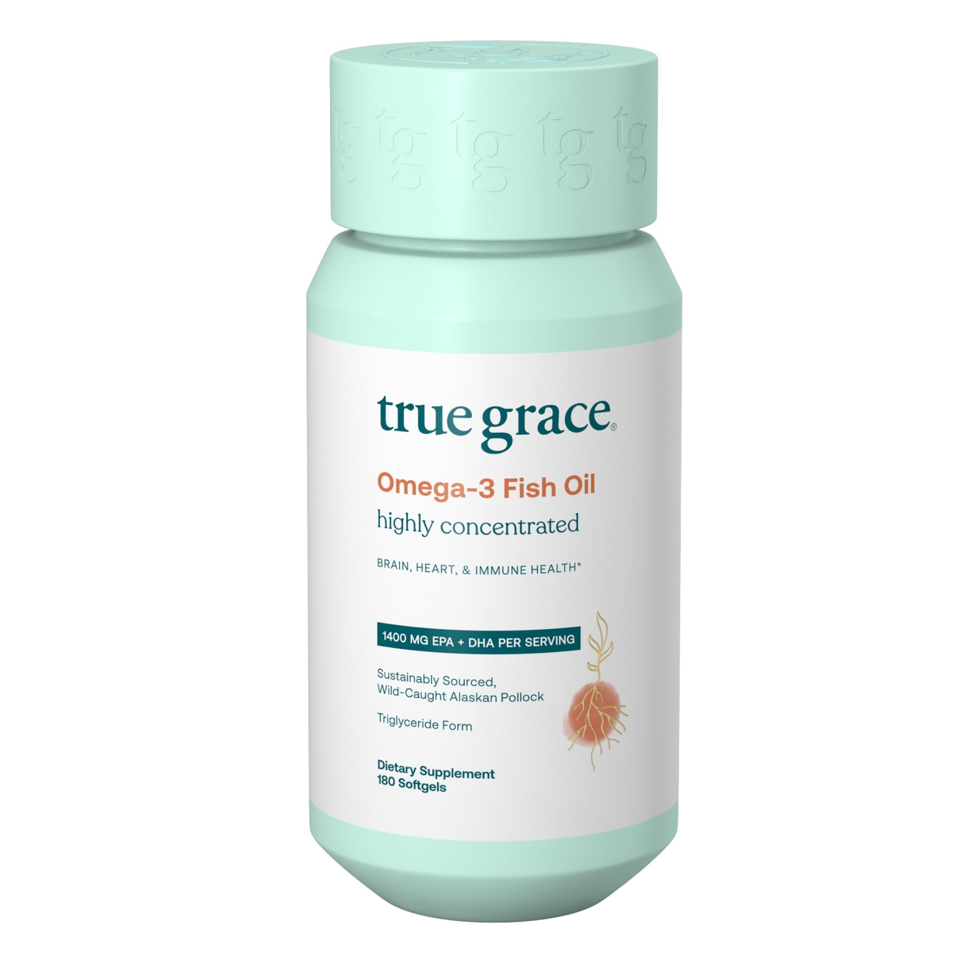 True Grace Omega-3 bottle front view shows high potency EPA and DHA for brain support