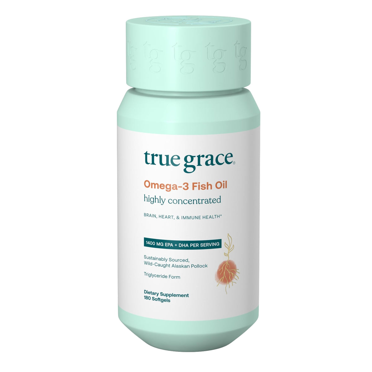 True Grace Omega-3 bottle front view shows high potency EPA and DHA for brain support