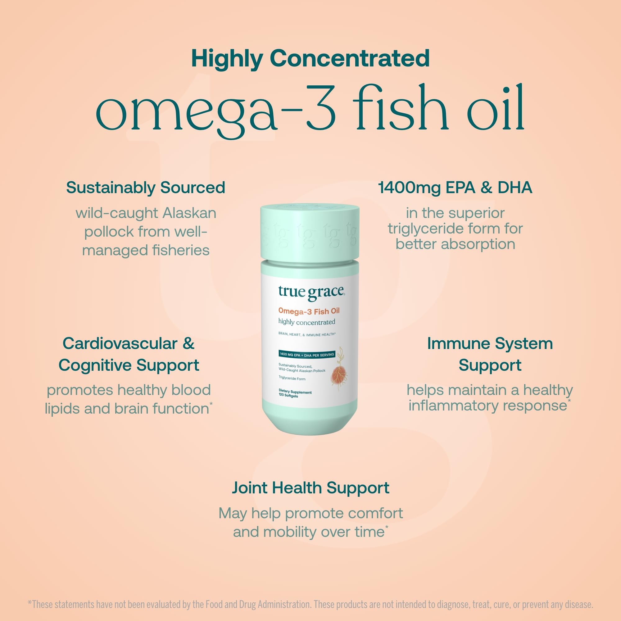True Grace Omega-3 bottle label closeup shows sustainability and purity standards
