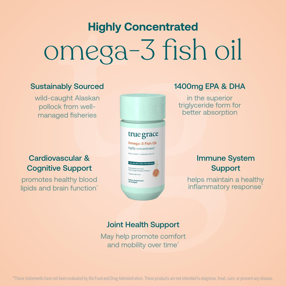 True Grace Omega-3 bottle label closeup shows sustainability and purity standards