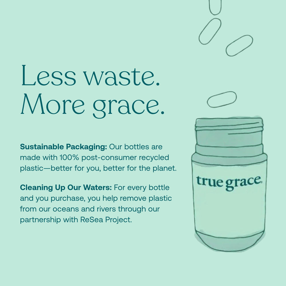 True Grace Omega-3 bottle with meal illustrates easy integration into routines