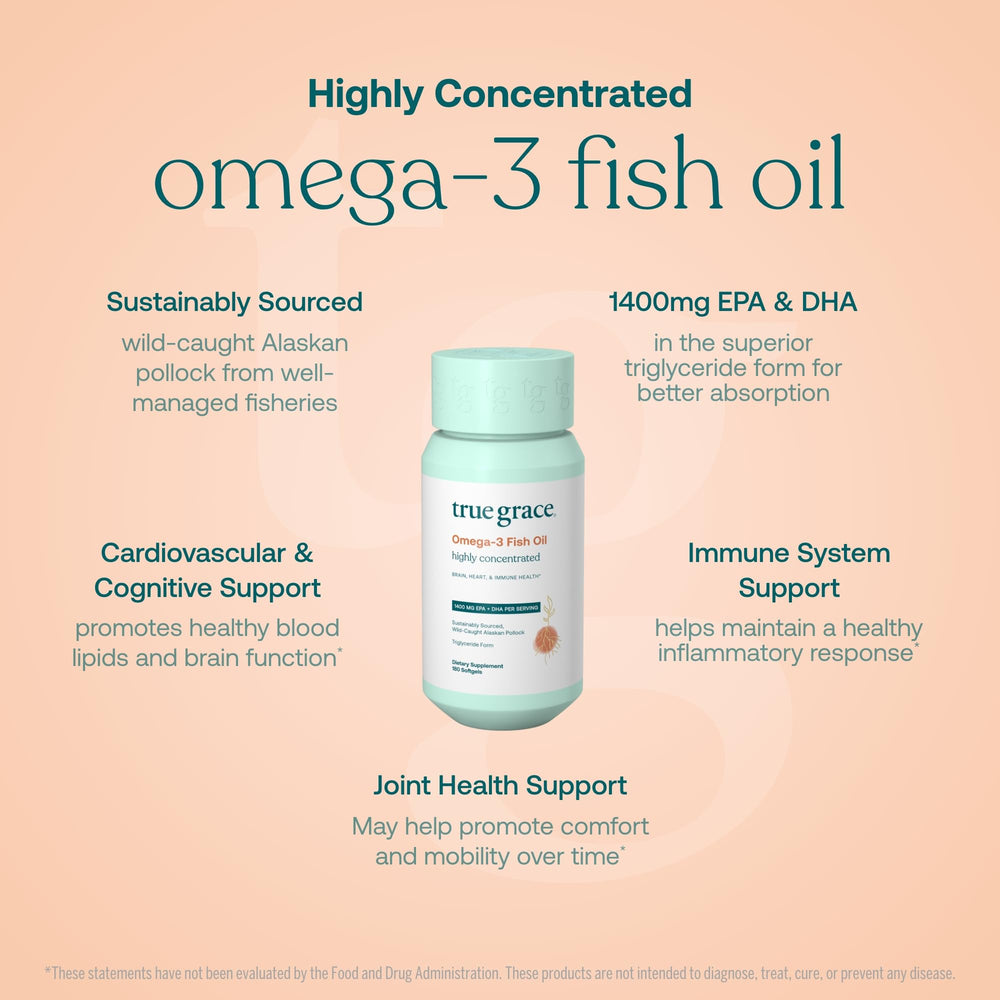 True Grace Omega-3 bottle pouring capsules for easy daily wellness routine