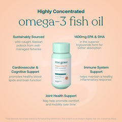 True Grace Omega-3 bottle pouring capsules for easy daily wellness routine