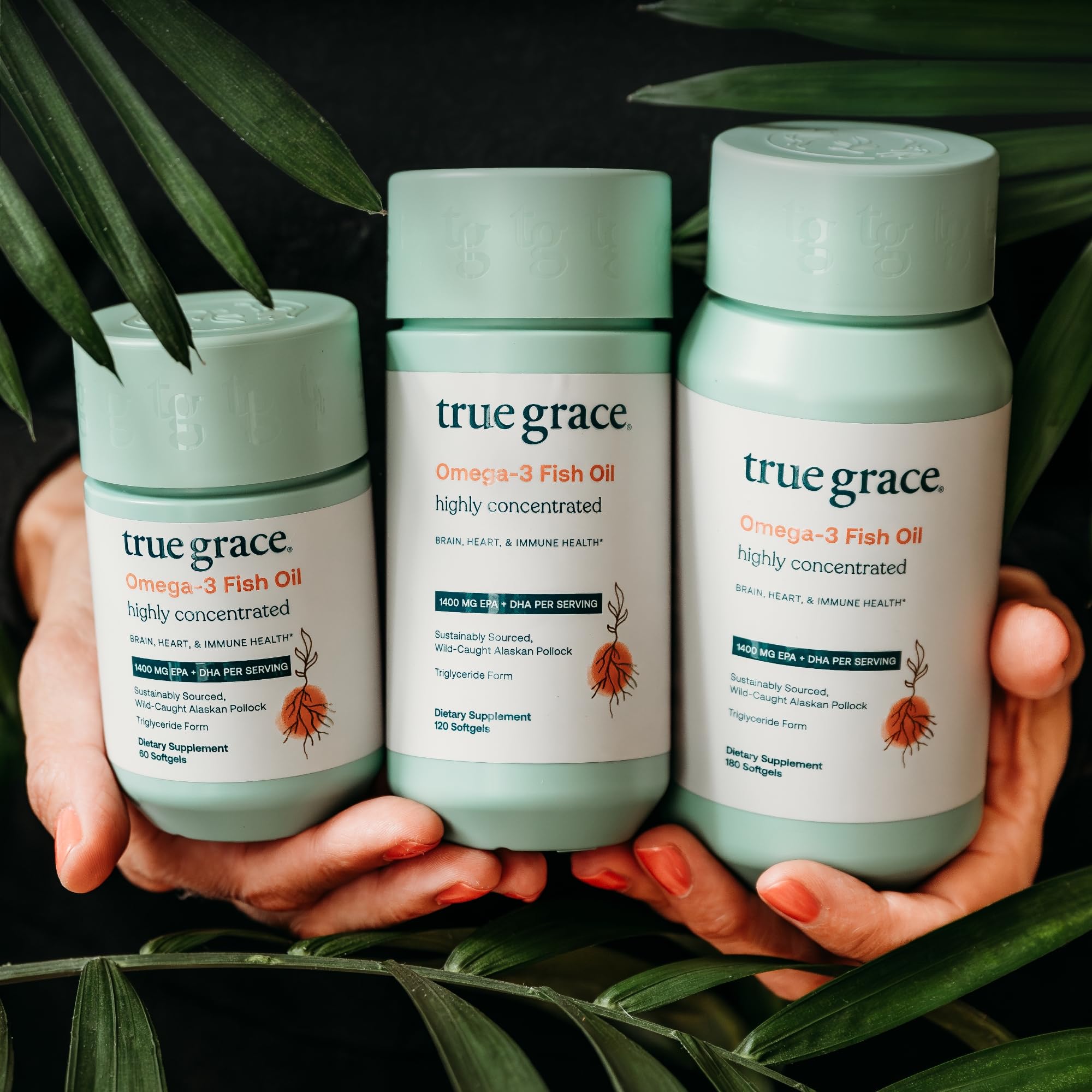 True Grace Omega-3 recycled bottle packaging highlights eco friendly packaging