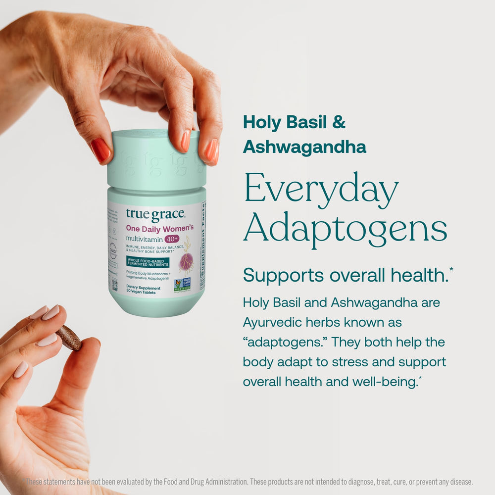 True Grace One Daily adaptogenic herbal blend label featuring holy basil and ashwagandha.