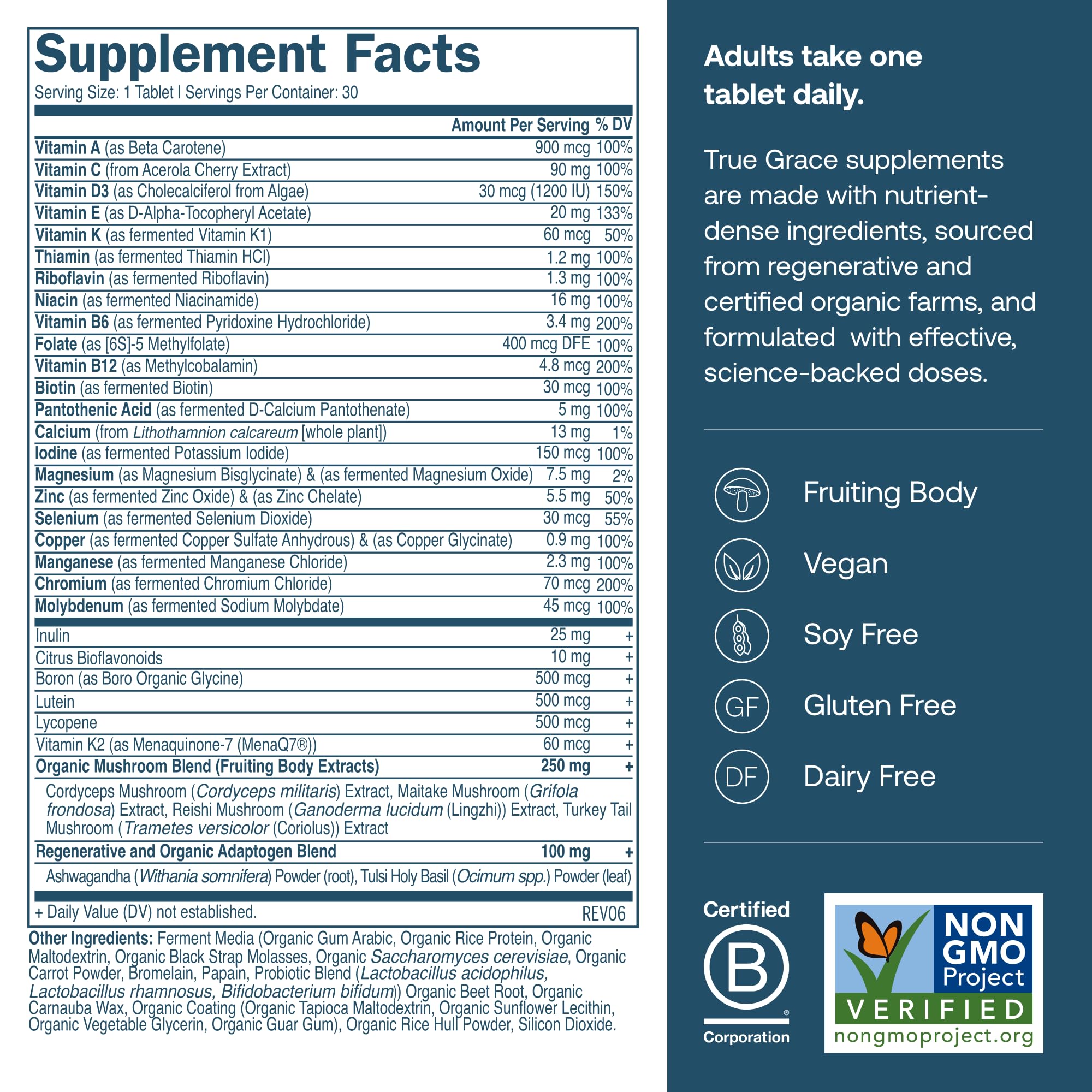 True Grace One Daily Multivitamin bottle label showing minerals and adaptogens