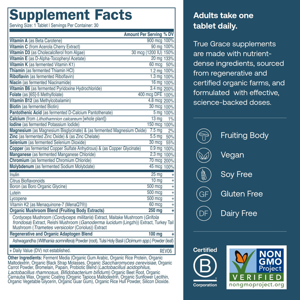True Grace One Daily Multivitamin bottle label showing minerals and adaptogens