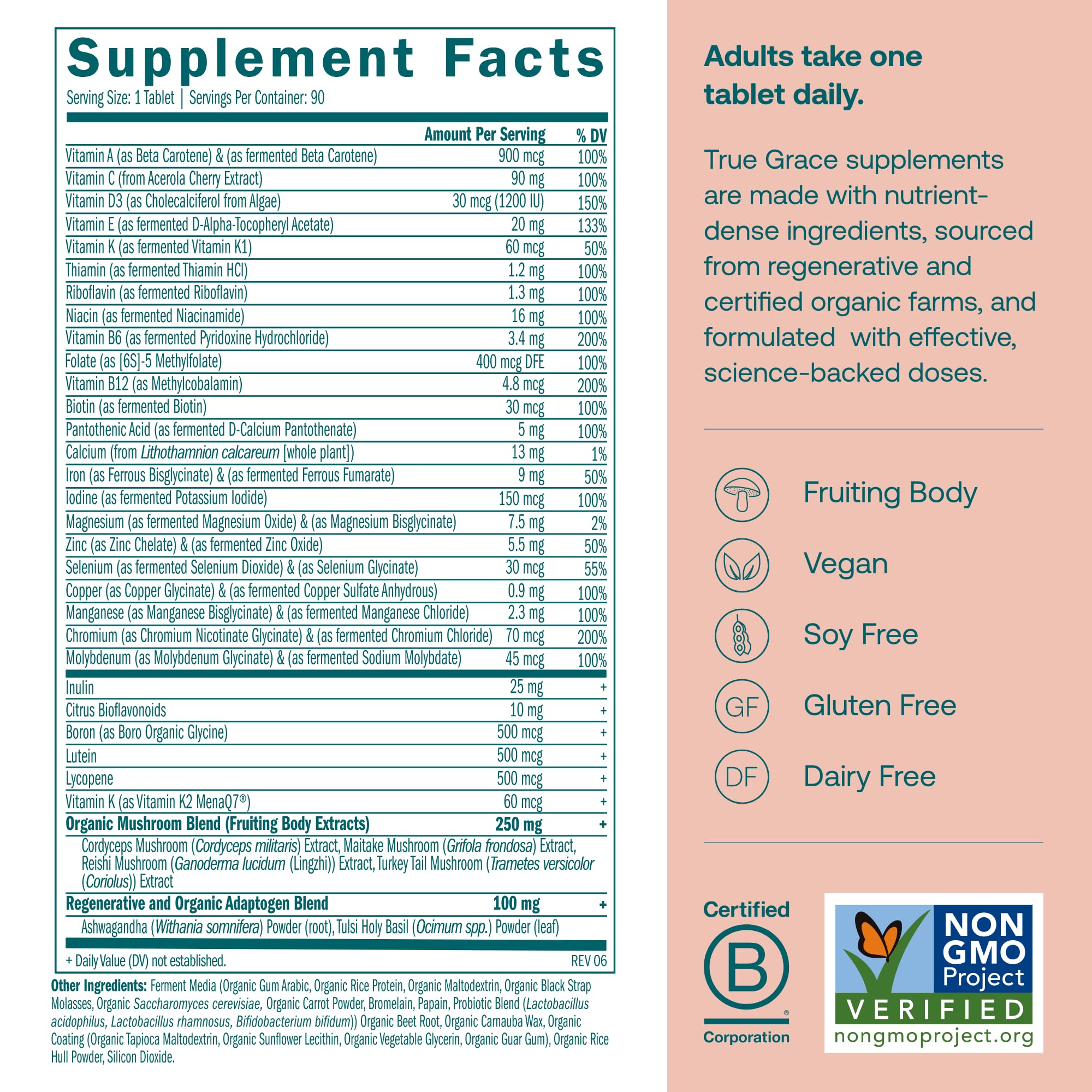 True Grace One Daily capsules lined up highlighting plant-based, vegan multivitamin benefits.