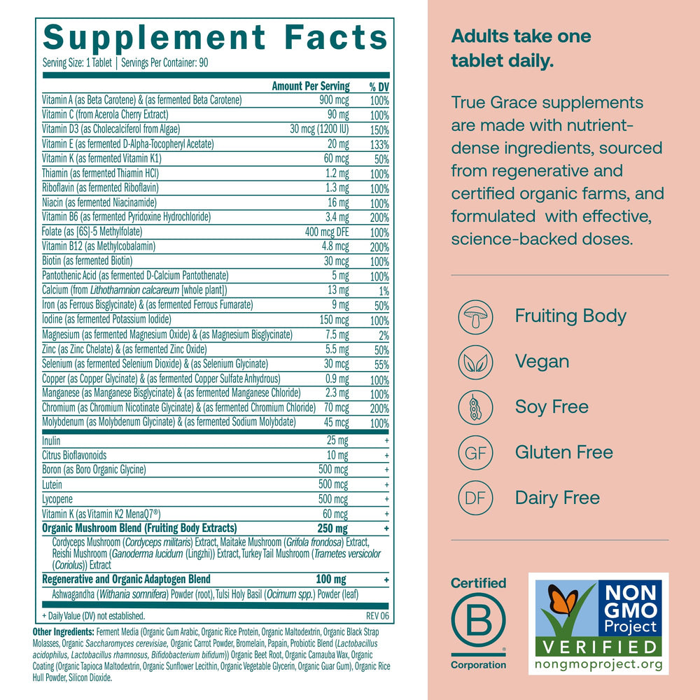 True Grace One Daily capsules lined up highlighting plant-based, vegan multivitamin benefits.
