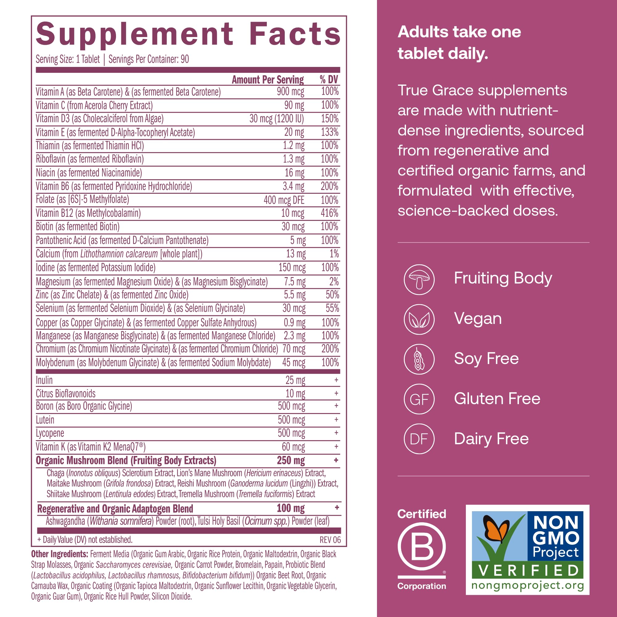 True Grace One Daily tablets closeup highlighting nutrient-dense formulation for daily nourishment.