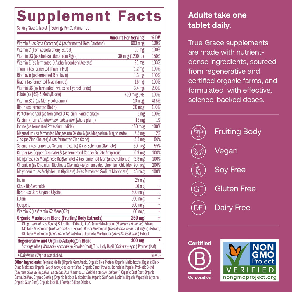 True Grace One Daily tablets closeup highlighting nutrient-dense formulation for daily nourishment.
