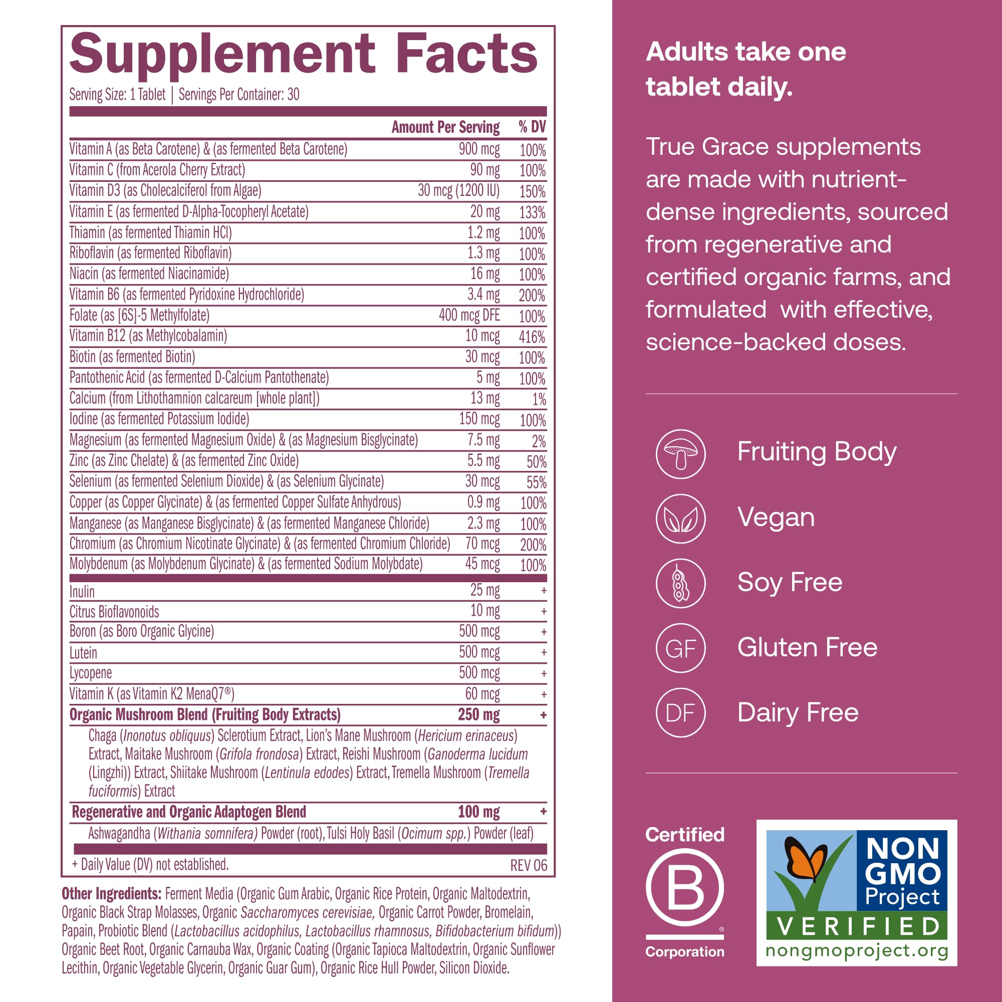 True Grace One Daily tablets close-up showing fermented minerals for absorption