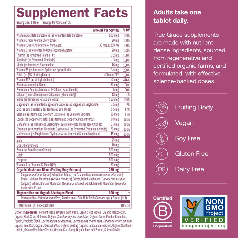 True Grace One Daily tablets close-up showing fermented minerals for absorption