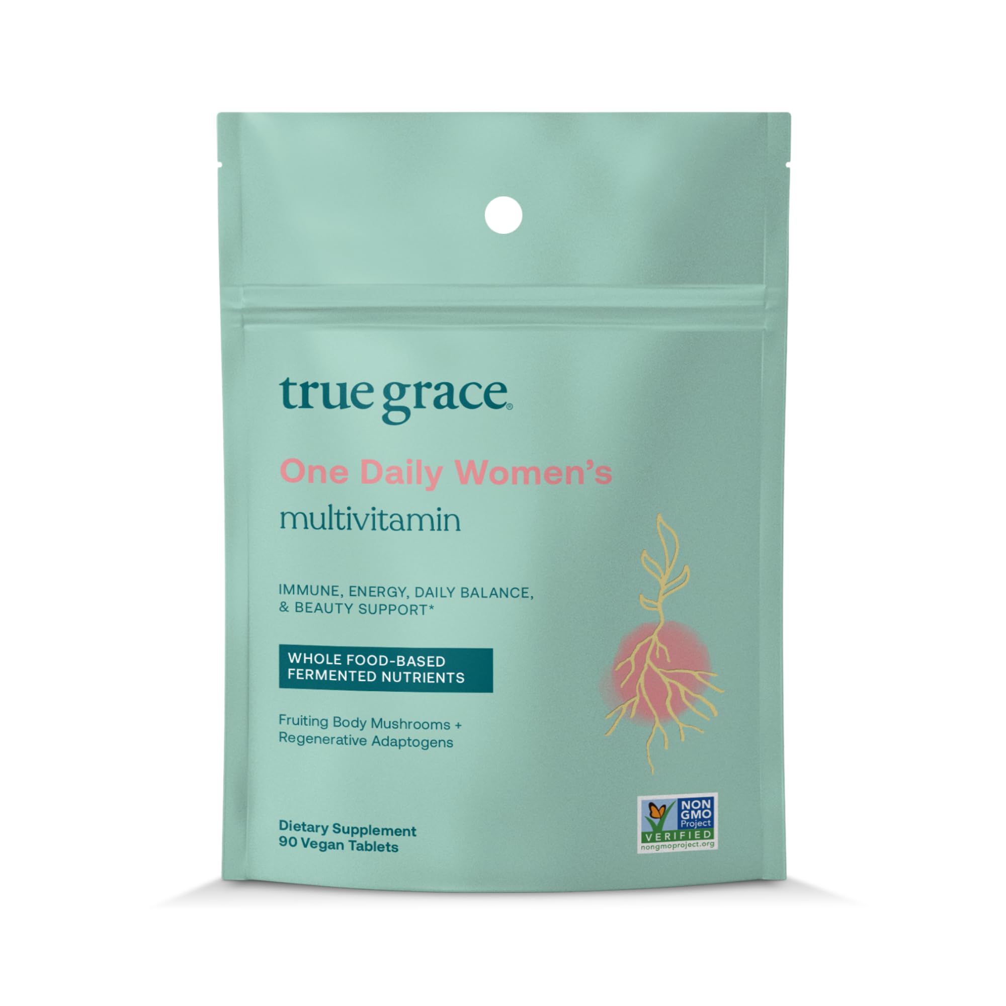 True Grace One Daily bottle close-up showcasing comprehensive nutrients for daily wellness.