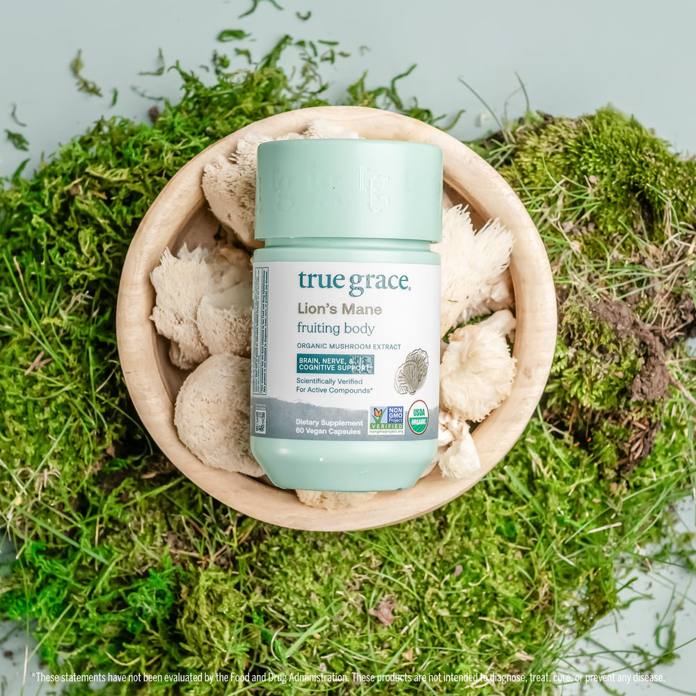 Sustainable recycled bottle packaging used by True Grace supplements.