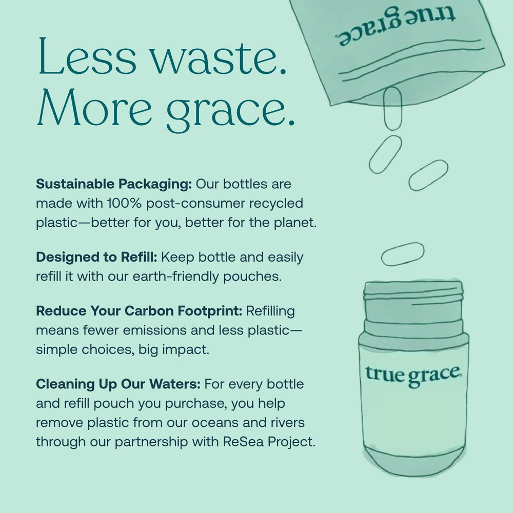 True Grace sustainable refill pouch and bottle packaging.