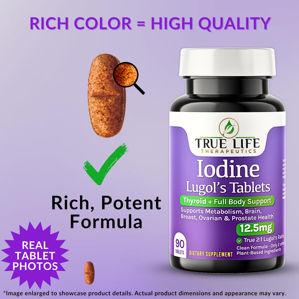 True Life Therapeutics Lugol's iodine tablets 12.5mg 90-count pack, easy-to-dose daily supplement