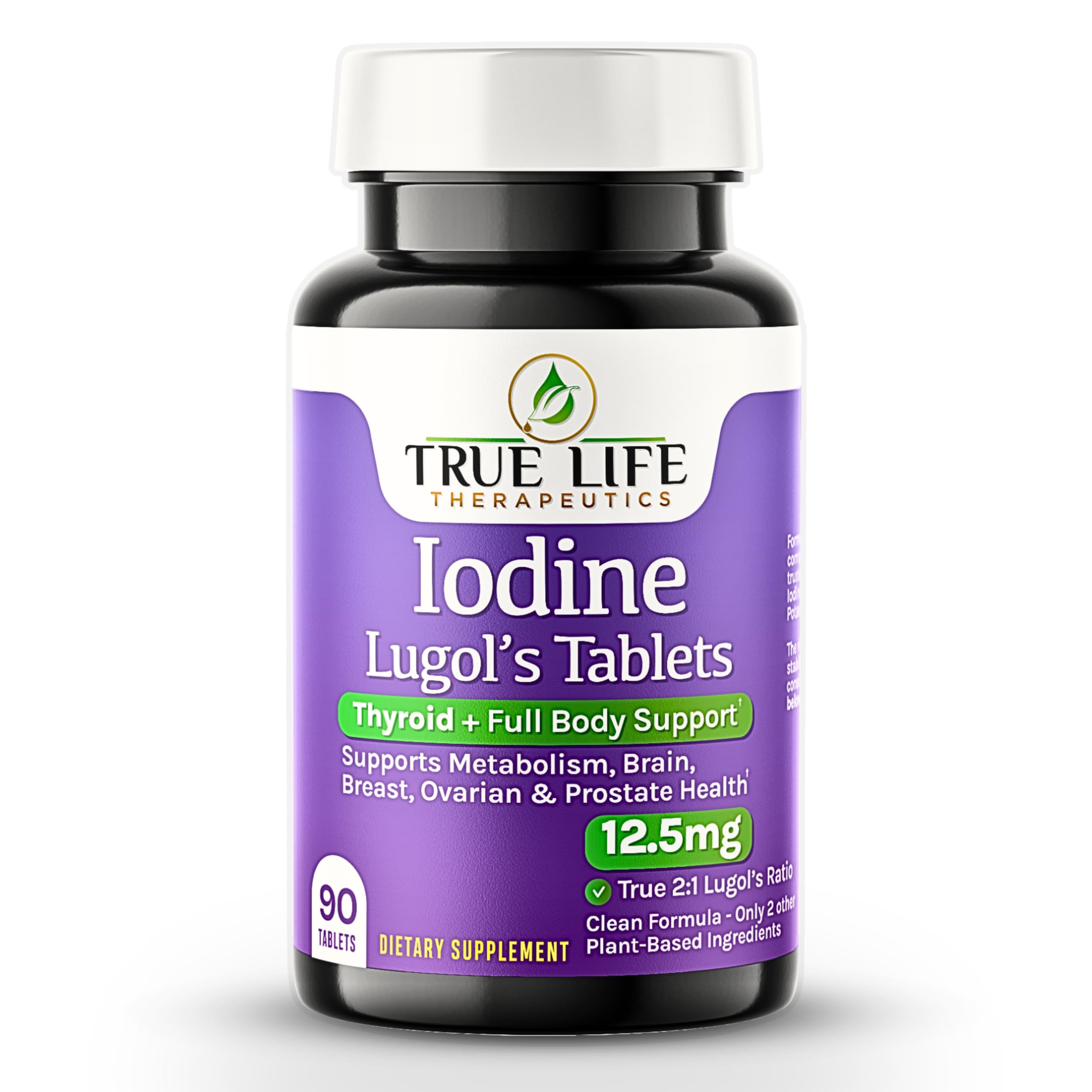 True Life Therapeutics Lugol's iodine tablets 12.5mg bottle closeup, emphasizing stable iodine for daily support