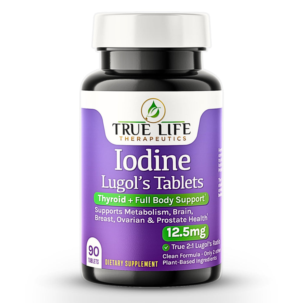 True Life Therapeutics Lugol's iodine tablets 12.5mg bottle closeup, emphasizing stable iodine for daily support