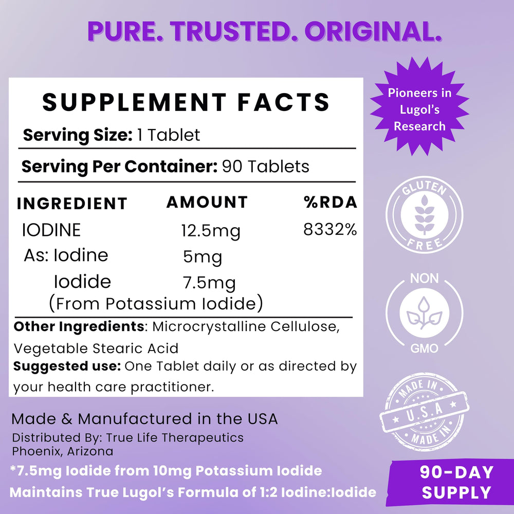 True Life Therapeutics Lugol's iodine tablets 12.5mg dosage guide, easy-to-follow serving