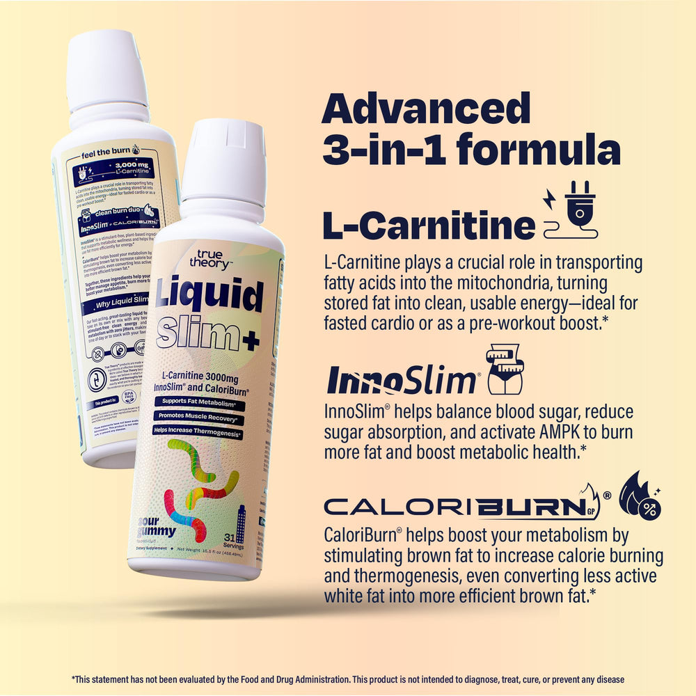 True Theory Liquid Slim pour shot showing convenient, fast-absorbing liquid form.