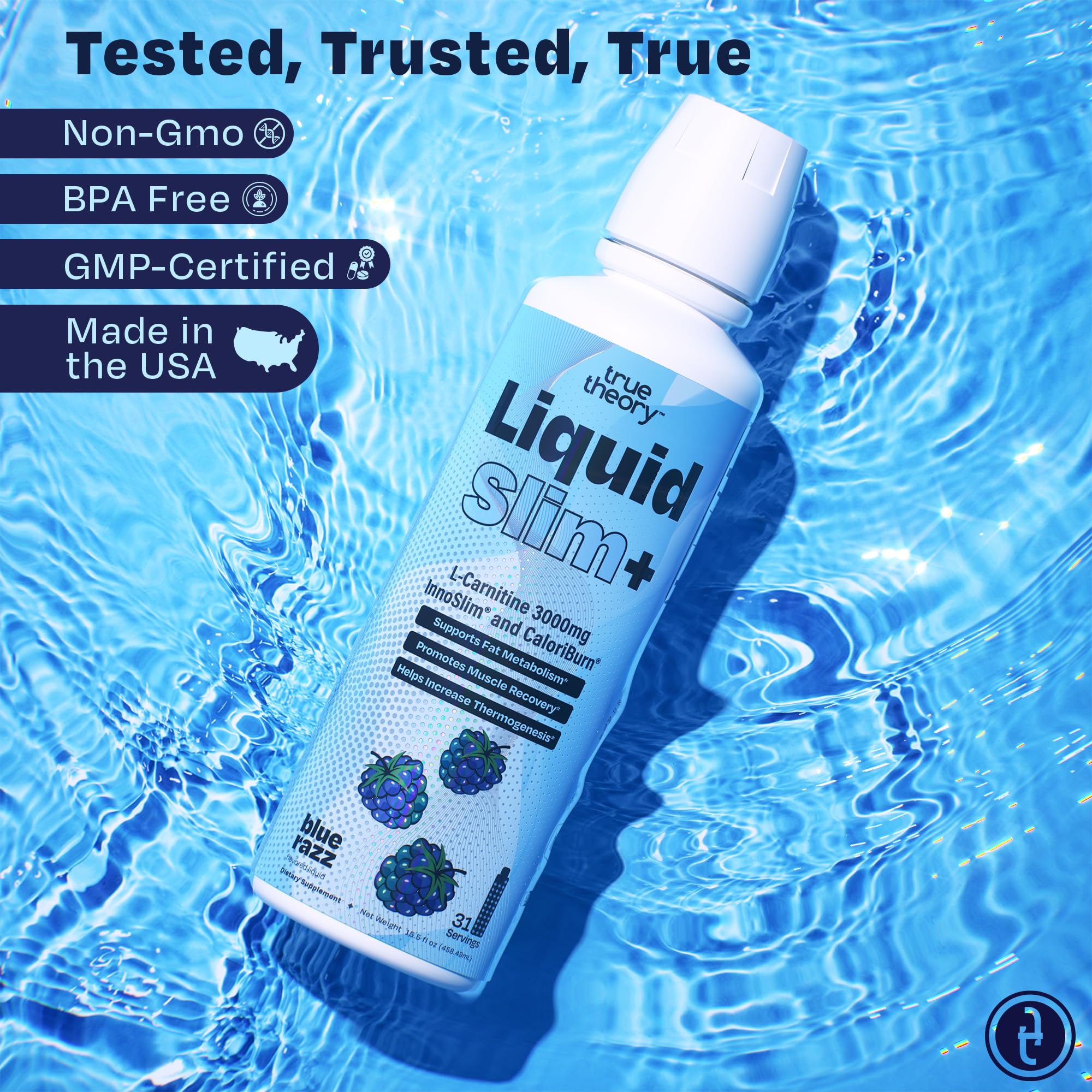 True Theory Liquid Slim ingredient icons emphasize zero calories and sugar-free formula