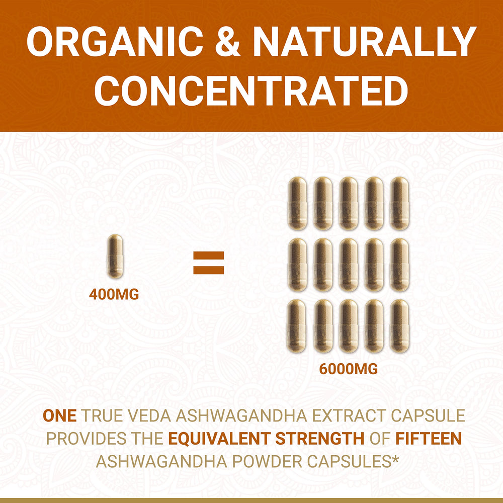 True Veda Ashwagandha capsules offer vegan-friendly KSM-66 for convenient daily use.