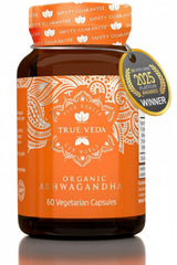 True Veda KSM-66 Ashwagandha bottle shows high-potency organic extract for daily balance.