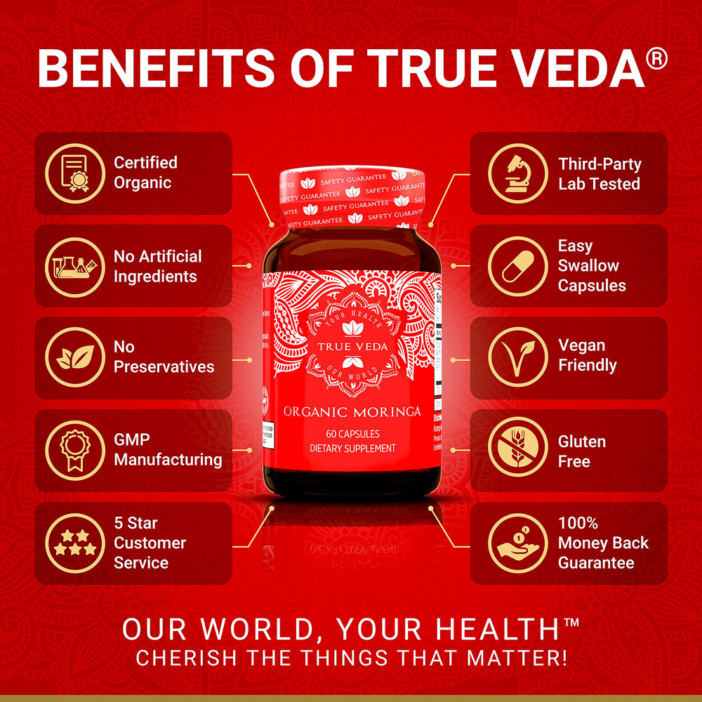 True Veda Organic Moringa label close-up showing purity and quality