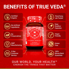 True Veda Organic Moringa label close-up showing purity and quality