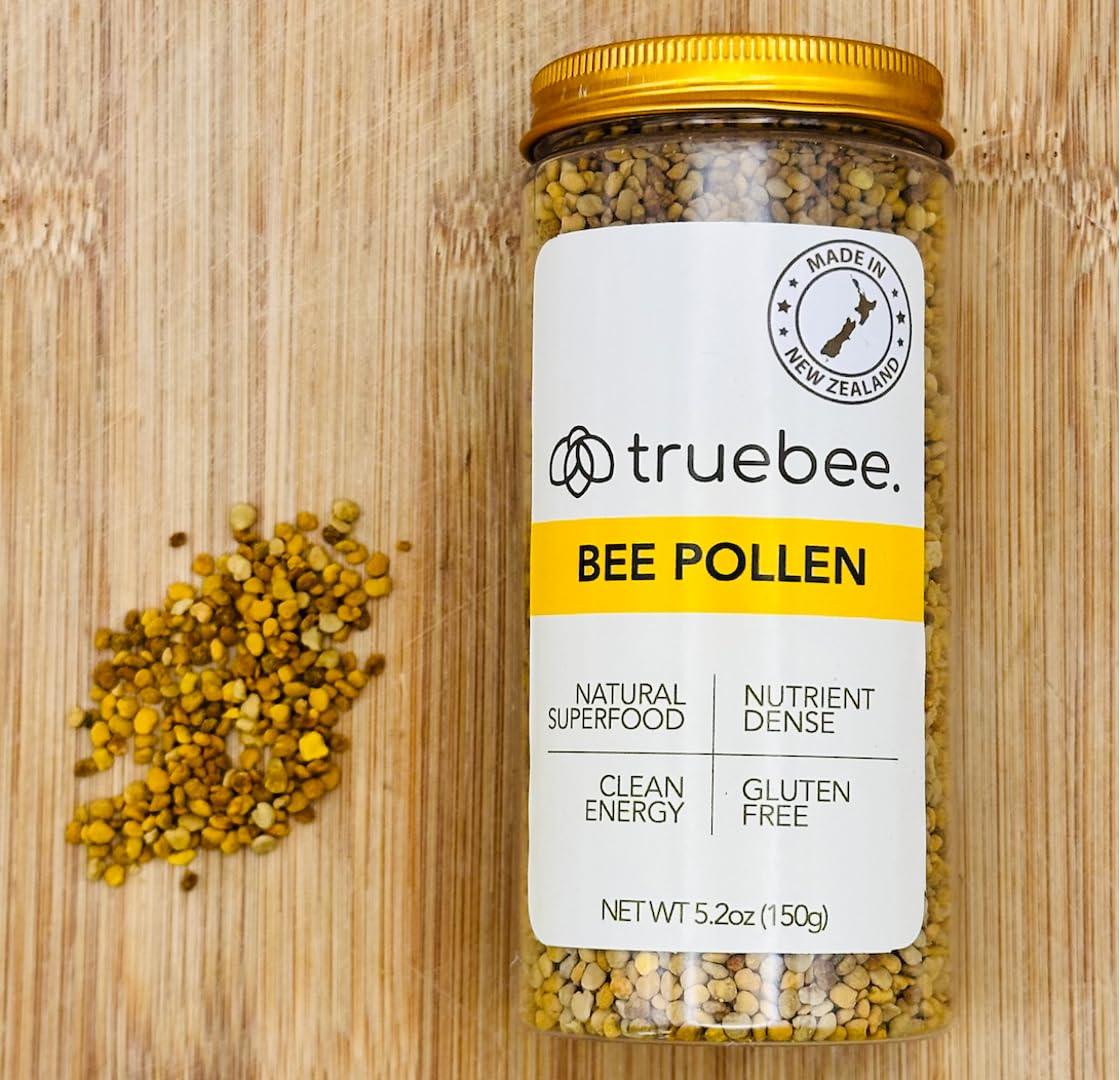 Truebee Bee Pollen Granules bottle shows raw, nutrient-rich supplement for daily energy