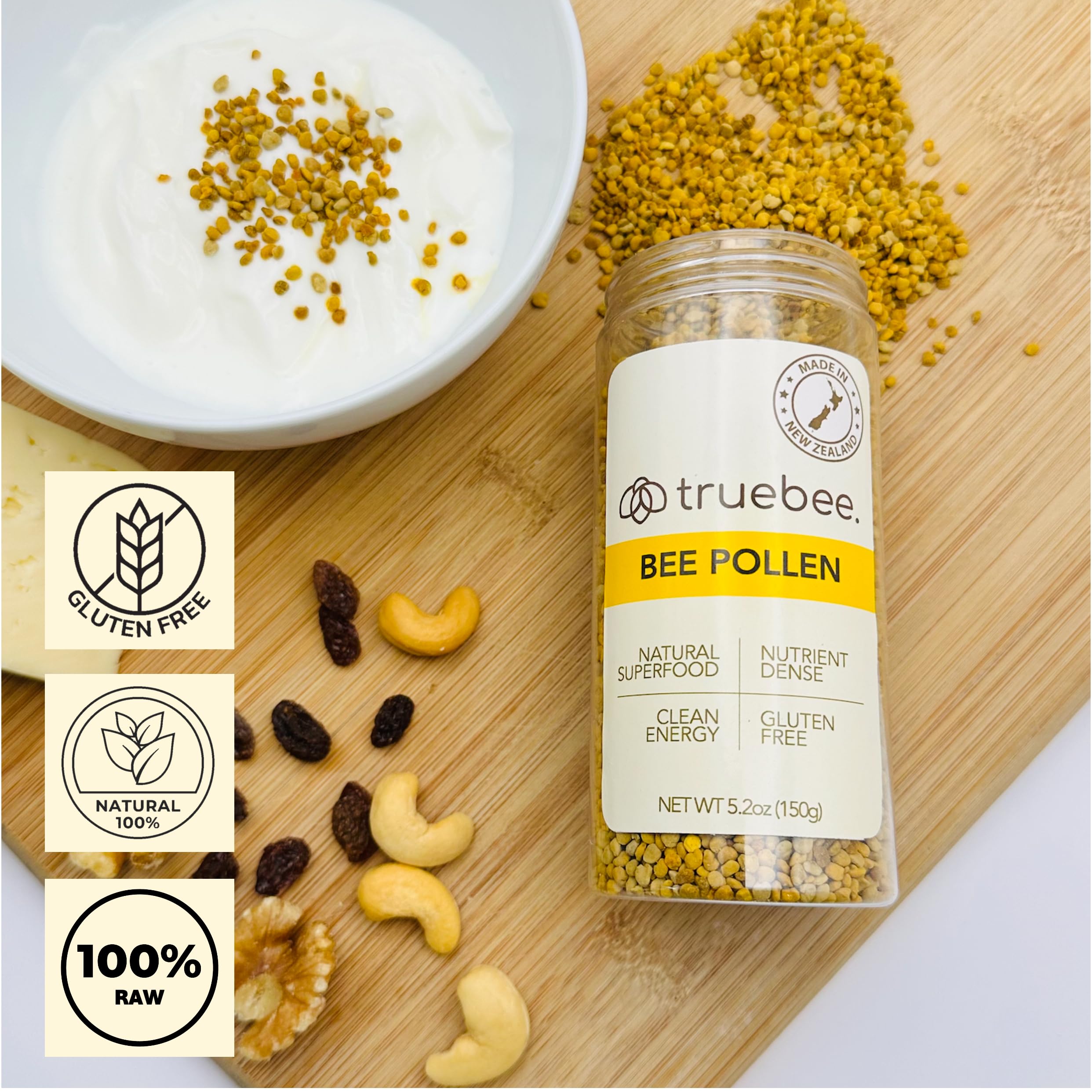 Close-up of Truebee Bee Pollen Granules, raw and nutrient-dense for versatile use