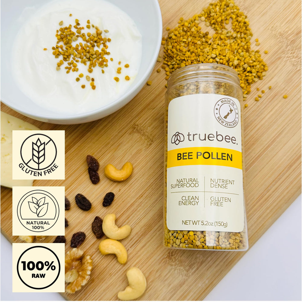 Close-up of Truebee Bee Pollen Granules, raw and nutrient-dense for versatile use