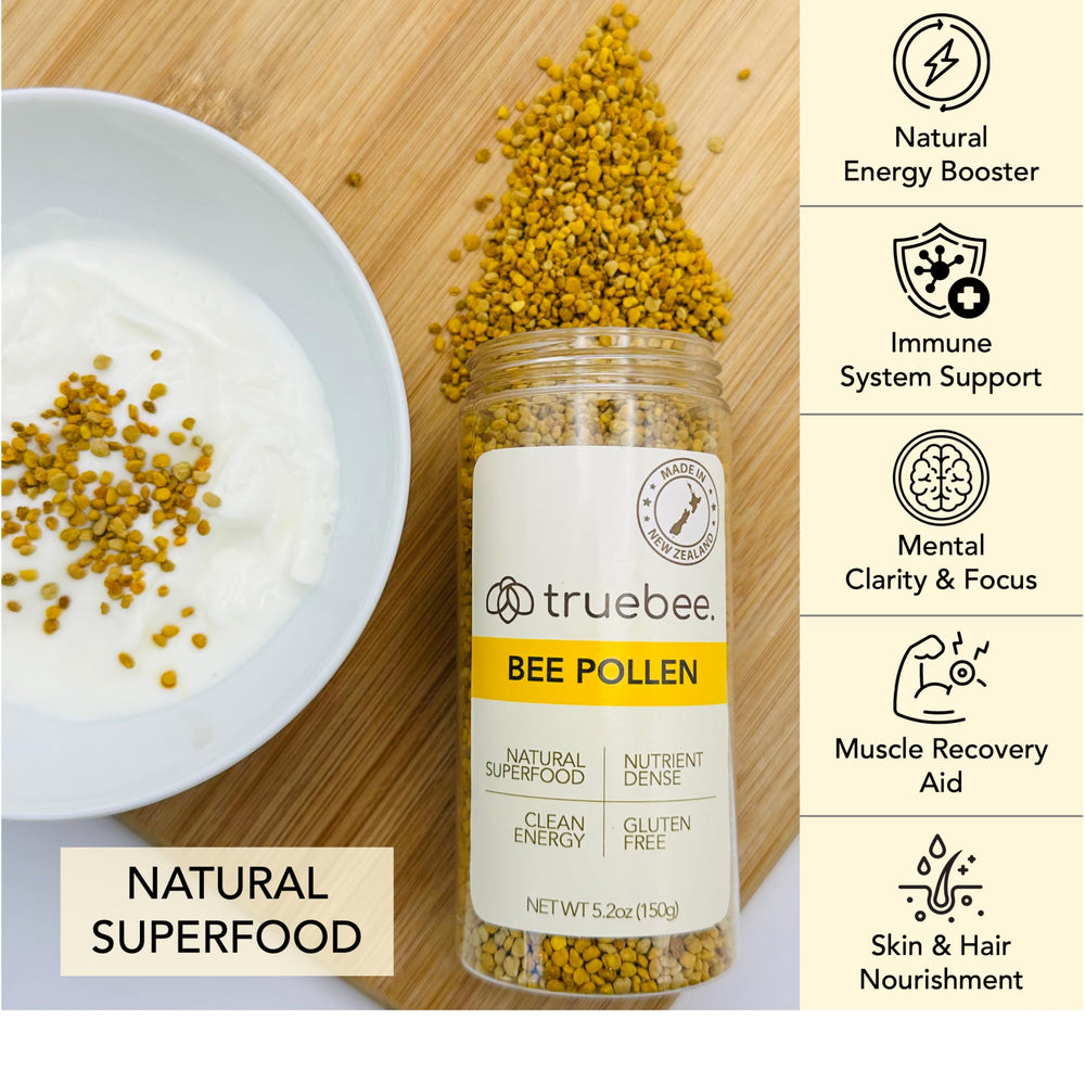 Pouring Truebee Bee Pollen Granules over yogurt for a natural energy and flavor boost