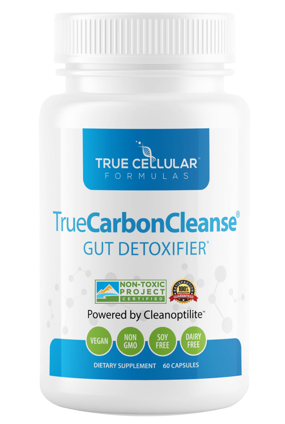 TrueCarbonCleanse bottle front displaying vegan capsules for daily detox support.