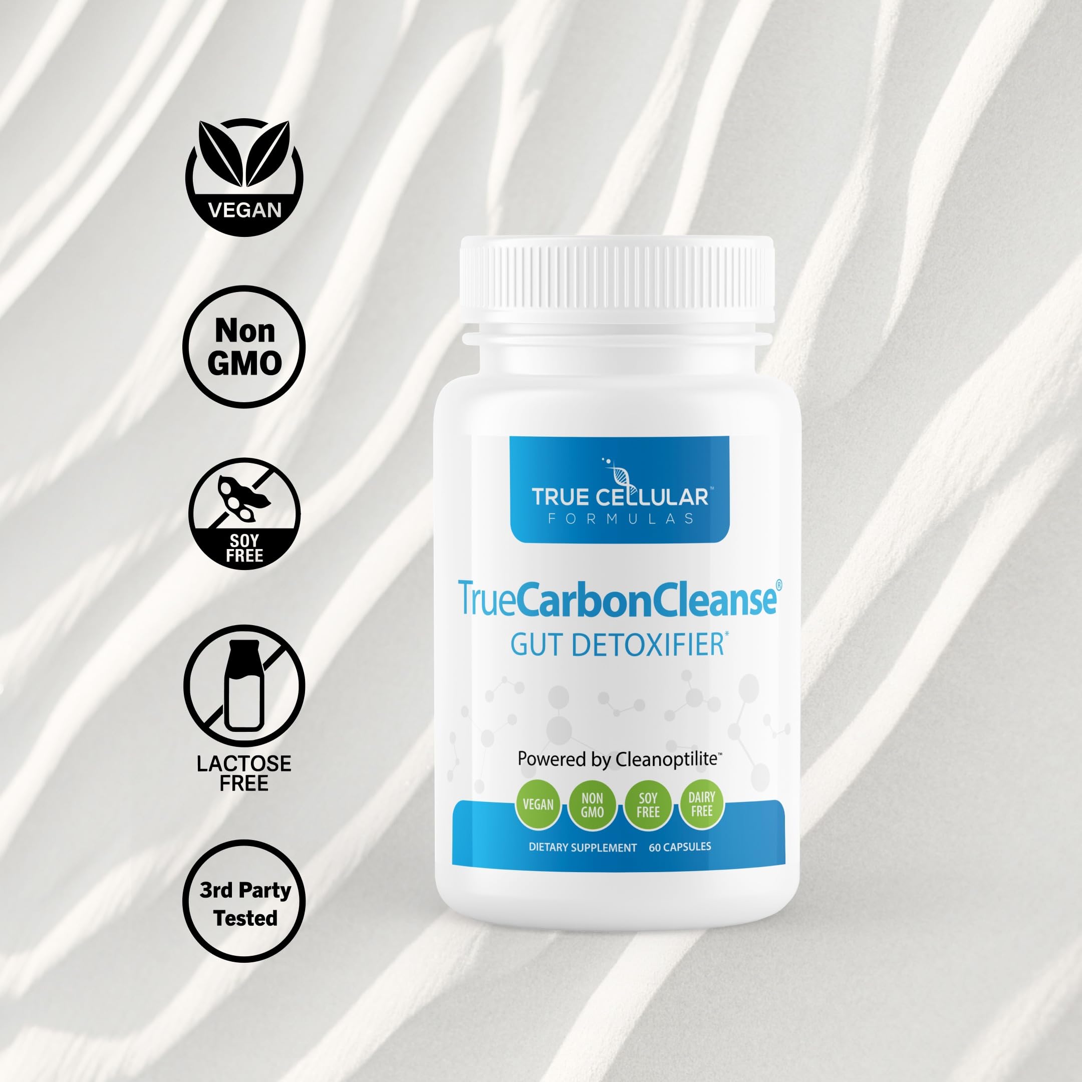 TrueCarbonCleanse packaging label highlights vegan and non-GMO formulation.