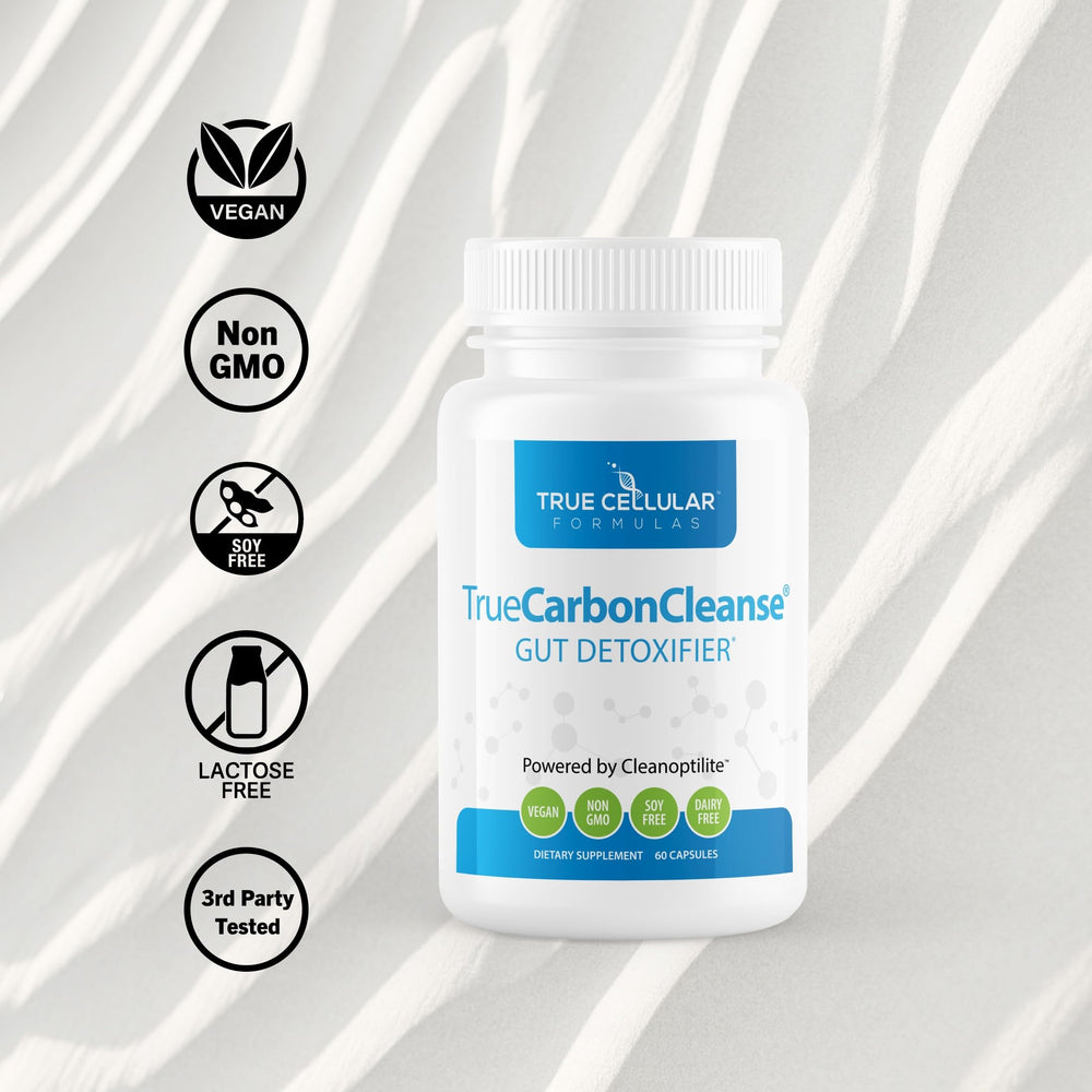 TrueCarbonCleanse packaging label highlights vegan and non-GMO formulation.