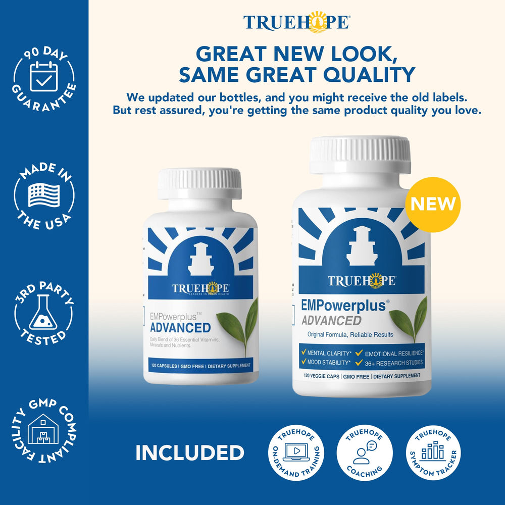 Truehope EMPowerplus bottle on table highlighting original formulation heritage